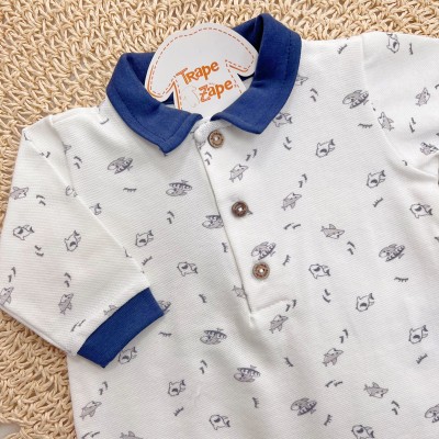 Macacão Curto com Manga Longa Piquet com Gola Polo Tubarão - Off White e Marinho